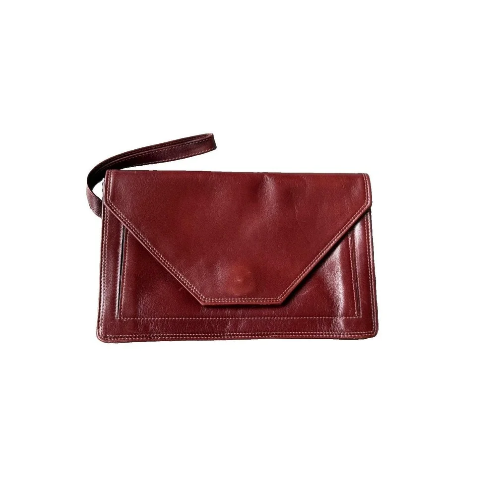 Vintage Leather Envelope Clutch W/ Wrist Strap Brown Minimalist Y2K